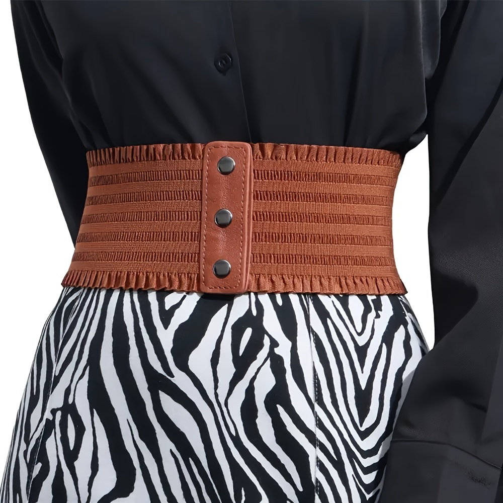Women's Wide Lace Waist Belt with Decorative Buttons in Brown Red Beige